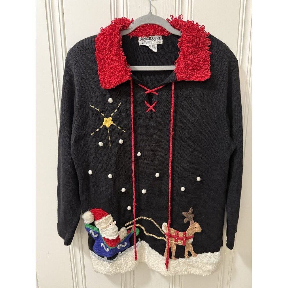 Vintage Jack B. Quick Christmas Sweater Santa Claus ugly Black Size Large
